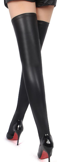 CyprusLoveShop Wet Look Thigh High Stocking Κάλτσες Μαύρες