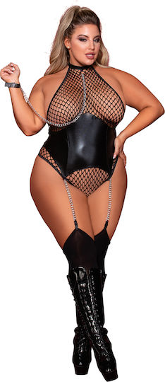 Dreamgirl Fishnet Halter Teddy Bodysuit with Attached Faux Leather Black