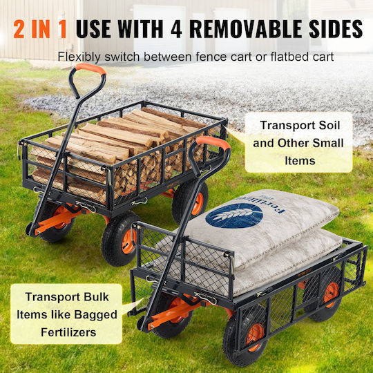 Dump Cart Garden Cart Log Transport Metallic Four-wheel with Maximum Load Weight 181kg 25.5x25.5cm.