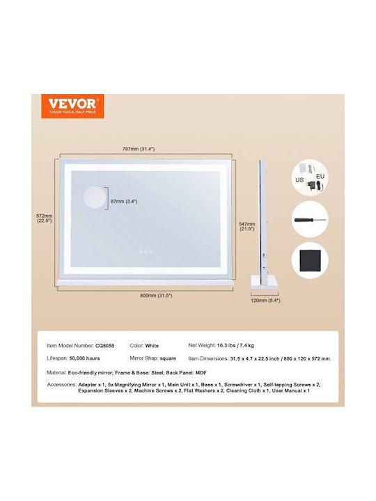 Vevor Καθρέπτης Τοίχου με Μπεζ Ξύλινο Πλαίσιο & LED Φωτισμό 55x80cm