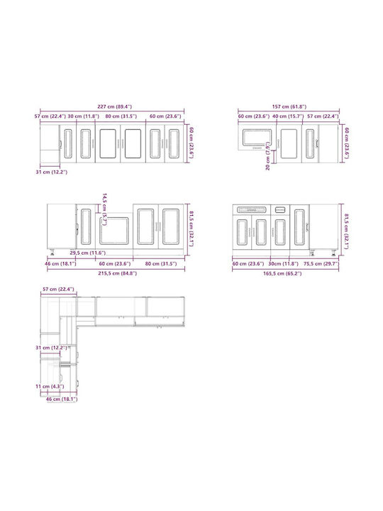 Lucca Kitchen Cabinet Set Wall & Floor with Countertop Grey Concrete 342x46x141.5cm