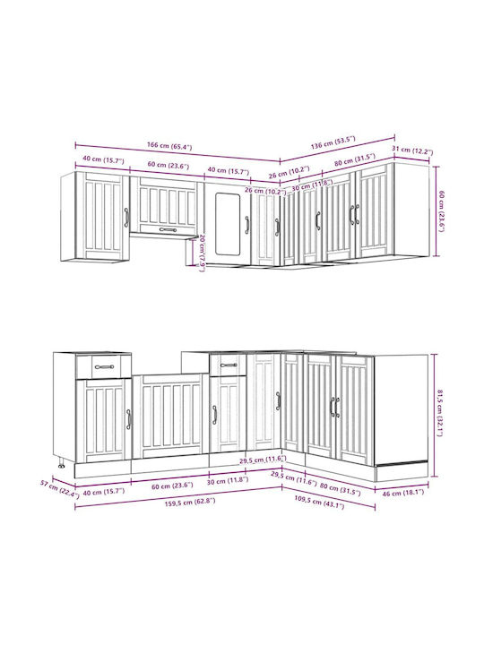 Lucca Kitchen Cabinet Set Wall & Floor with Countertop Grey Concrete 301x46x141.5cm