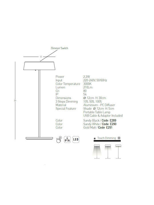 Zambelis Lights Desktop Outdoor Floor Lamp 2.2W with Warm White Light IP54 Gold