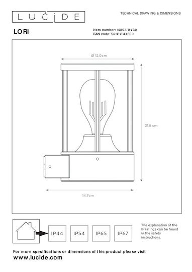 Lucide Lightning Lori Επιτοίχιο Εξωτερικό Φαναράκι E27 IP44