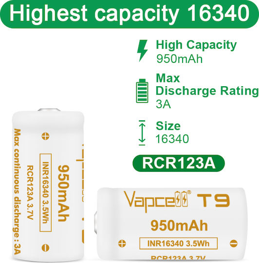 Vapcell 16340 T9 Battery 950mah 3a