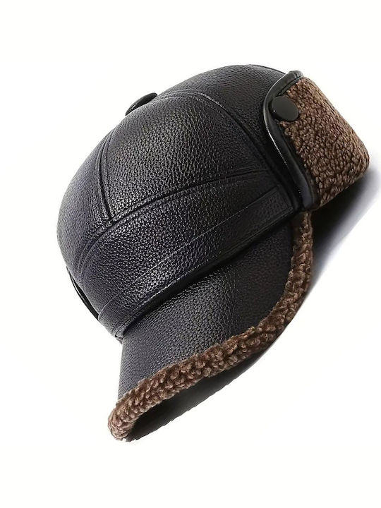 Luciano Faketti Winter Warm Artificial Leather Fleece Lined Thick Windproof Baseball Cap Ears Fashionable Brown Knitted Design Comfort in Cold Winter Clothing