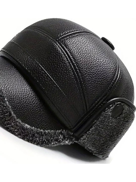 Luciano Faketti Winter Warm Artificial Leather Fleece Lined Thick Windproof Baseball Cap Earmuffs Fashionable Black Knitted Design Comfort in Cold Winter Clothing