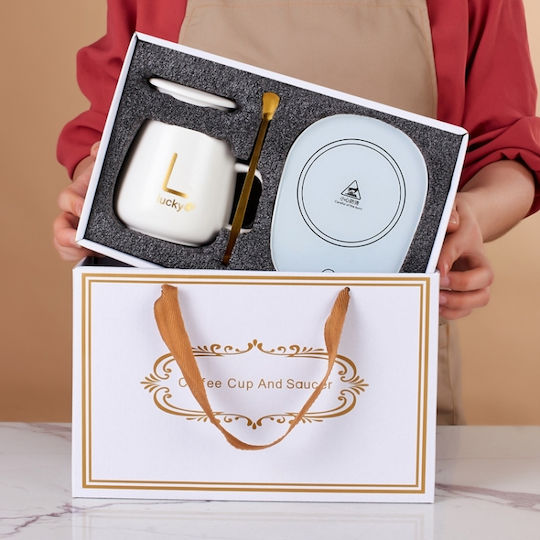 Set de Căni Inteligente din Ceramică cu Încălzire la Temperatură Constantă, Stil USB, Roz + Cutie Cadou