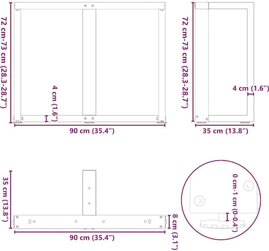 vidaXL Metallic Furniture Leg 2 Pieces Suitable for Table / Coffee Table / Office 90x35x72cm White