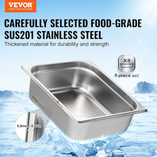 Vevor 8 Pack 1/2 Size Hotel Pans Tabletop Steam Pan Stainless Steel Deep Lid 4