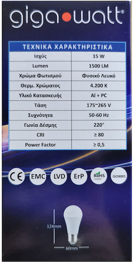 GigaWatt LED-Lampe 15W für Fassung E27 und Form A60 Naturweiß 1500lm