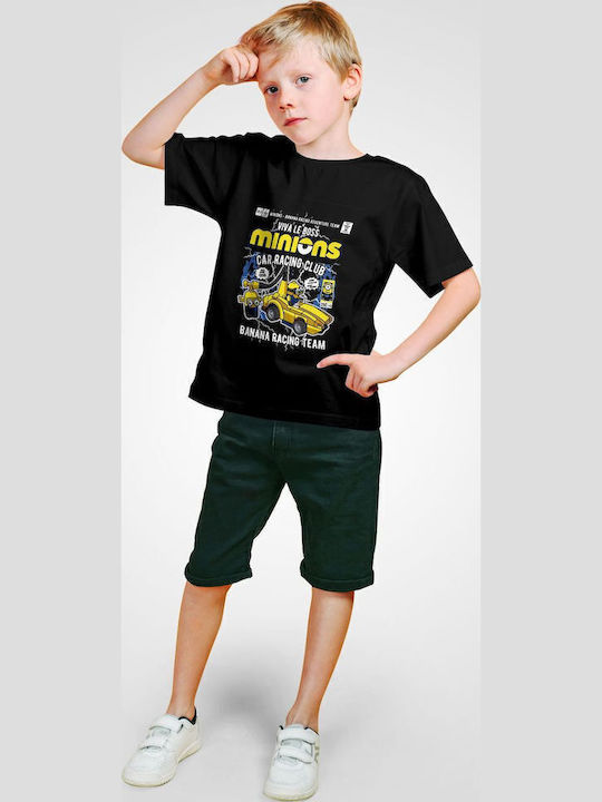 Kids' T-shirt Black Minions Banana Racing Car