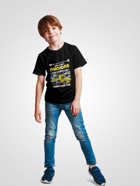 Kids' T-shirt Black Minions Banana Racing Car