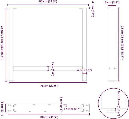vidaXL Metallic Furniture Leg 2 Pieces Suitable for Table / Coffee Table / Office 80x72x72cm White