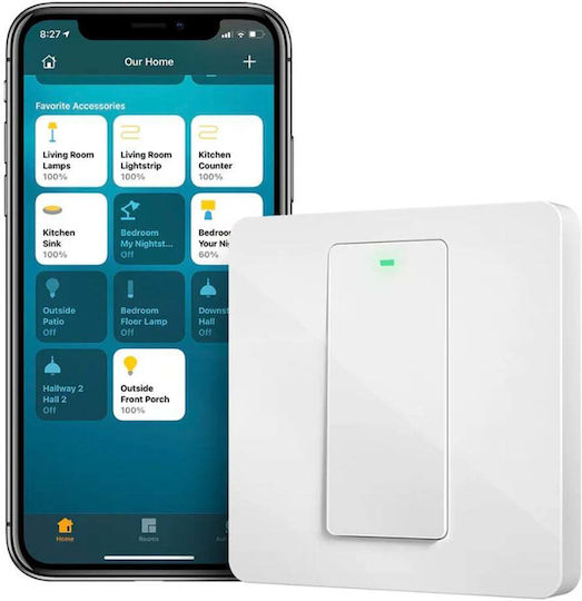 Meross Χωνευτός Διακόπτης Τοίχου Wi-Fi Μονός με Πλαίσιο Λευκός