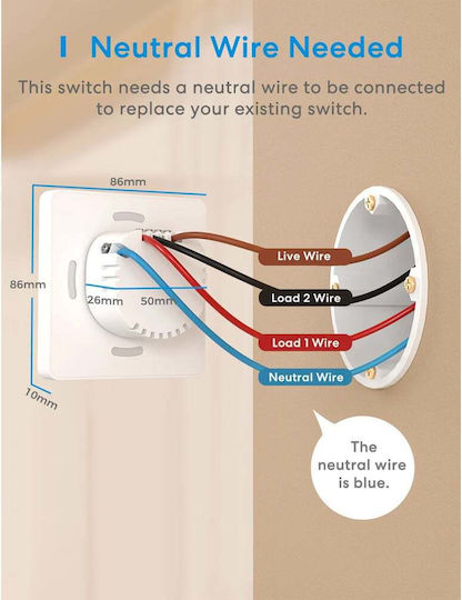Meross Χωνευτός Διακόπτης Τοίχου Wi-Fi Μονός με Πλαίσιο Λευκός
