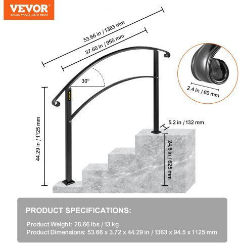 Balustradă Reglabilă din Fier Vevor Negru 4ft 4 Trepte 4fthwtyfsblack001v0