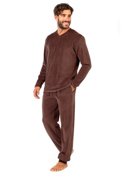 Secret Point Men's Winter Velvet Pajamas Set Brown