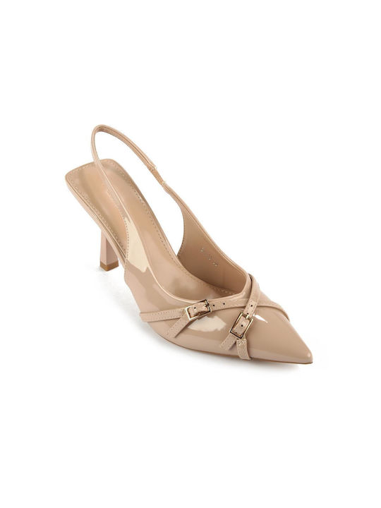 Fshoes Patent Leather Pointed Toe Beige Heels with Strap