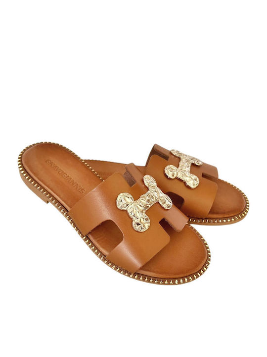Leather Women's Flat Sandals in Tabac Brown Color