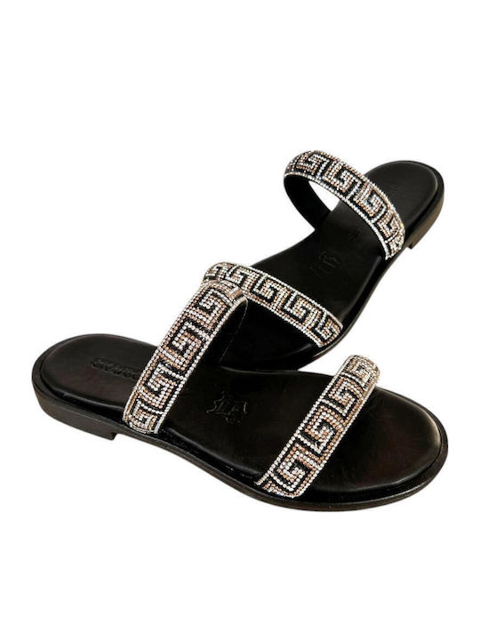 Leather Women's Flat Sandals in Black Color