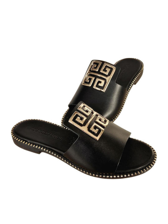 Leather Women's Flat Sandals in Black Color