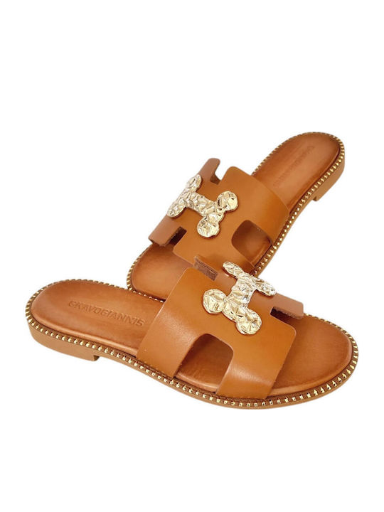 Leather Women's Flat Sandals in Tabac Brown Color