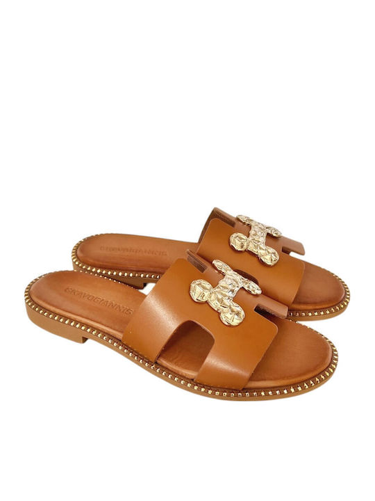 Leather Women's Flat Sandals in Tabac Brown Color