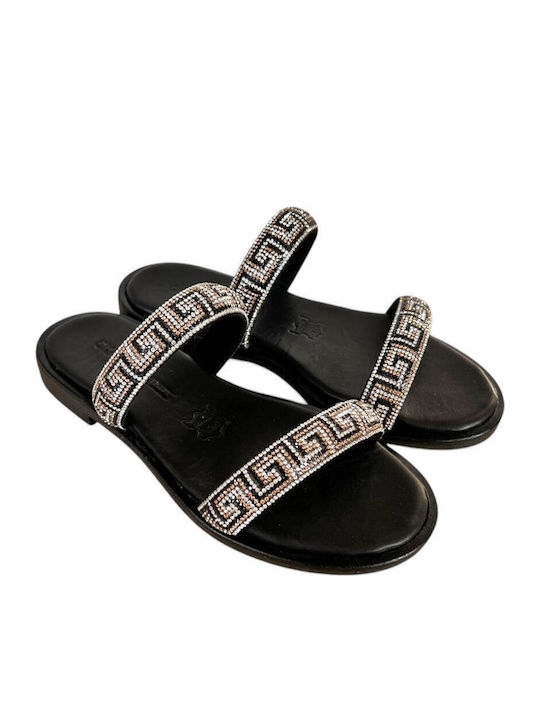 Leather Women's Flat Sandals in Black Color