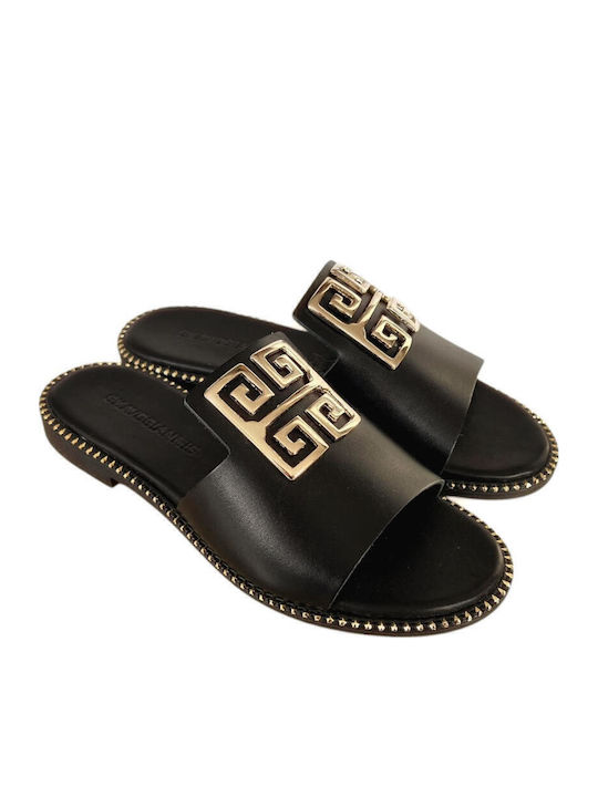 Leather Women's Flat Sandals in Black Color