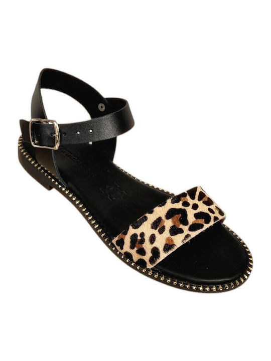 Leather Women's Flat Sandals in Black Color