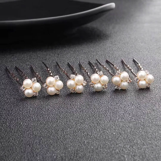 Set of 6 Hairpins Rose Gold White Pearls Crystals Bride Bridesmaid Wendy