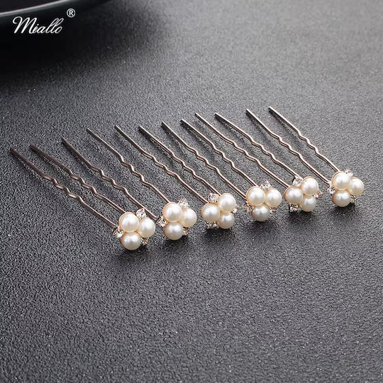 Set of 6 Hairpins Rose Gold White Pearls Crystals Bride Bridesmaid Wendy