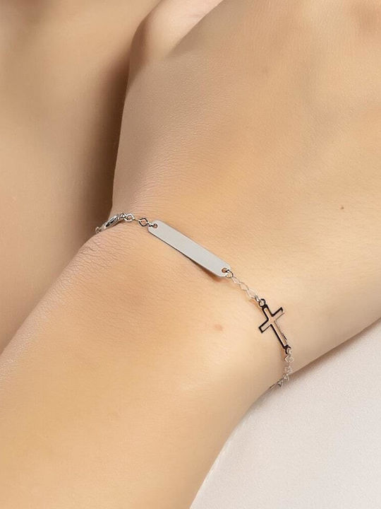 Eforo Kinderarmband ID aus Weißgold 14K mit Σταυρό & Böses Auge