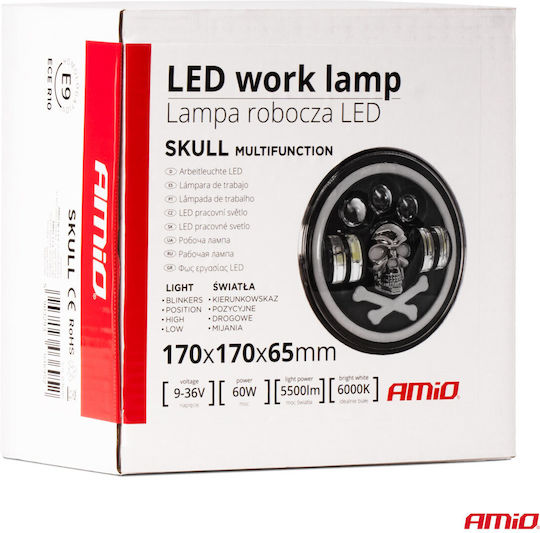 Προβολεας Εργασιας Στρογγυλος Led Skull 5.500lm 9>36v 60w 6.000k Φ170x170x65mm 4 Χρησεων Αμιο 1 Τεμ