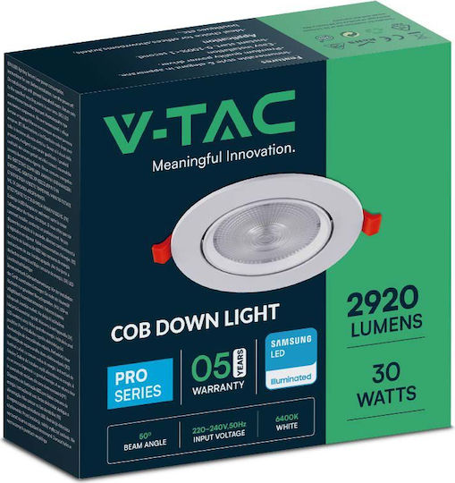 V-TAC Rotund Încastrat Panou LED Putere 30W cu Alb Rece Lumini 22.5x22.5cm.