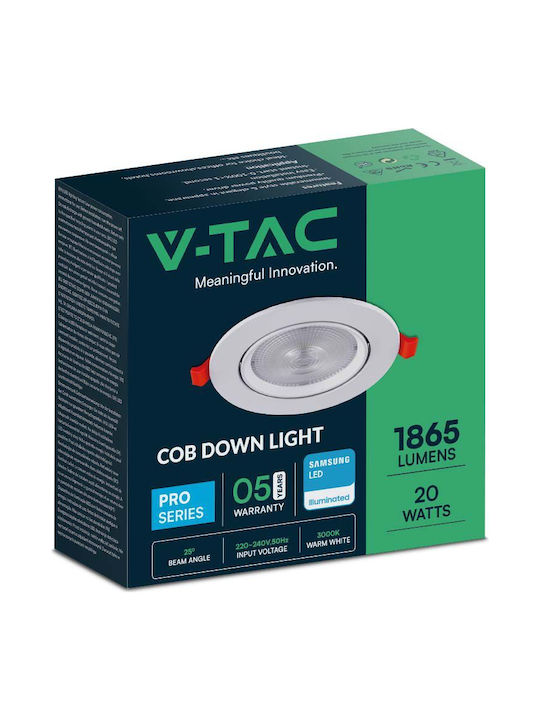 V-TAC Στρογγυλό Χωνευτό LED Panel 20W με Ψυχρό Λευκό Φως 6400K 17εκ.