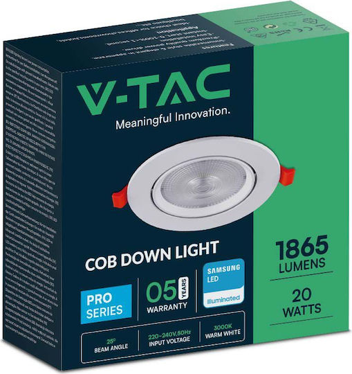 V-TAC Στρογγυλό Χωνευτό LED Panel 20W με Ψυχρό Λευκό Φως 6400K 17εκ.