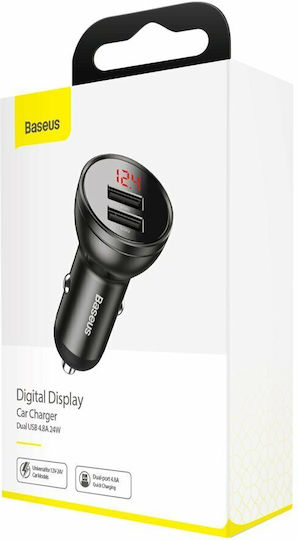 Baseus Digital Display Car Charger 24W 4.8A with Ports: 2xUSB and Voltmeter Gray Color