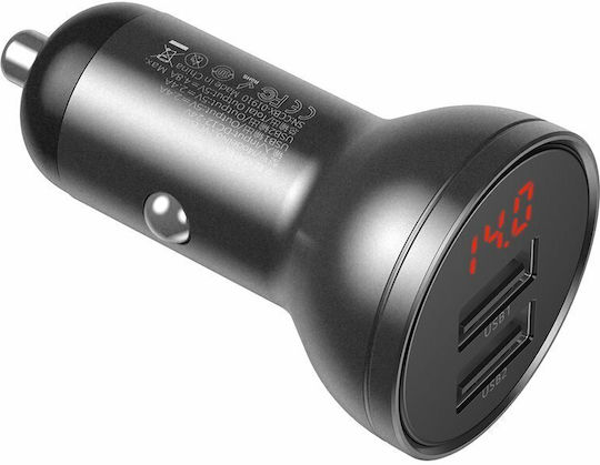 Baseus Digital Display Car Charger 24W 4.8A with Ports: 2xUSB and Voltmeter Gray Color