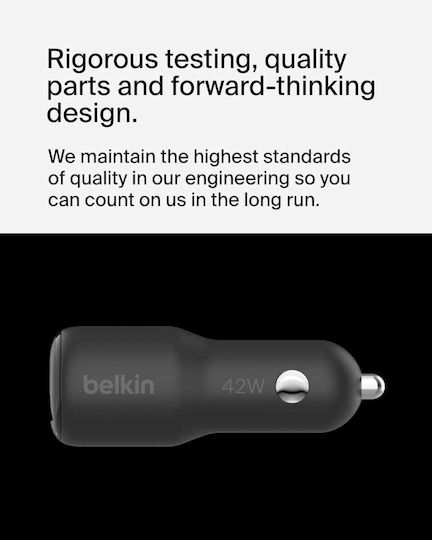 Belkin Φορτιστής Αυτοκινήτου 42W Γρήγορης Φόρτισης με Θύρες: 1xUSB 1xType-C Μαύρος