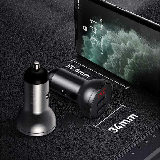 Baseus Digital Display Car Charger 24W 4.8A with Ports: 2xUSB and Voltmeter Gray Color