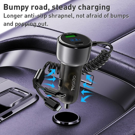 Yesido Auto-Ladegerät 60W Schnellladung mit Anschlüssen: 1xUSB 1xType-C mit Kabel Typ-C,TC-TC / Blitzschlag Gray Farbe