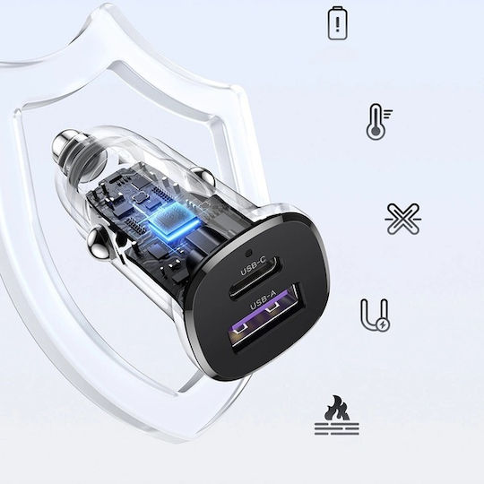 Ugreen EC305 Φορτιστής Αυτοκινήτου 30W Γρήγορης Φόρτισης με Θύρες: 1xUSB 1xType-C Μαύρο Χρώμα