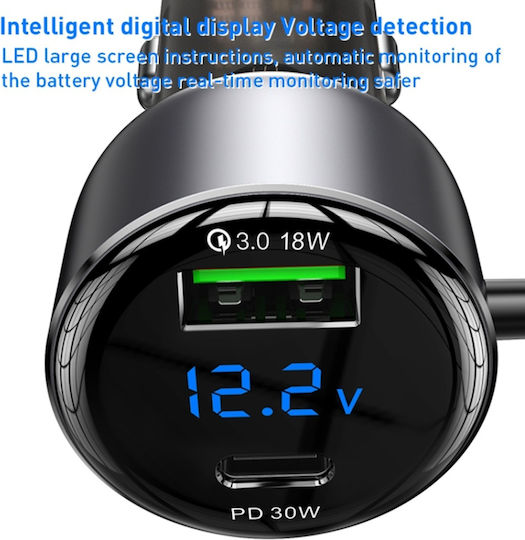 Yesido Auto-Ladegerät 60W Schnellladung mit Anschlüssen: 1xUSB 1xType-C mit Kabel Typ-C,TC-TC / Blitzschlag Gray Farbe