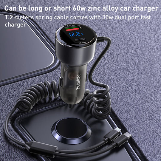 Yesido Auto-Ladegerät 60W Schnellladung mit Anschlüssen: 1xUSB 1xType-C mit Kabel Typ-C,TC-TC / Blitzschlag Gray Farbe