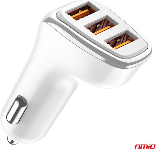 AMiO Car Charger White with Ports: 3xUSB with Cable Embedded