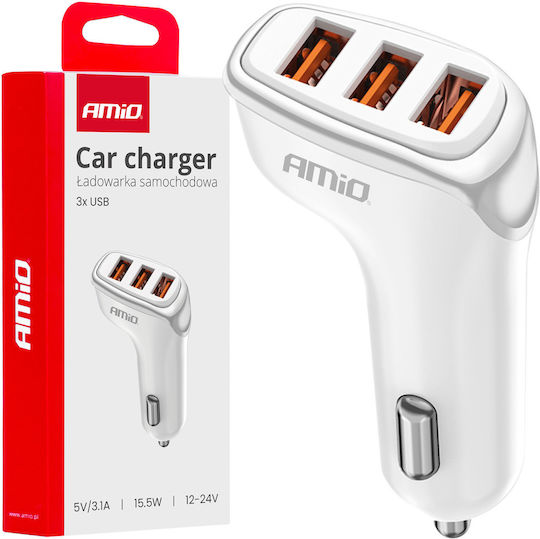 AMiO Φορτιστής Αυτοκινήτου 15.5W 3.1A με Θύρες: 3xUSB μαζί με Καλώδιο Ενσωματωμένο Λευκός
