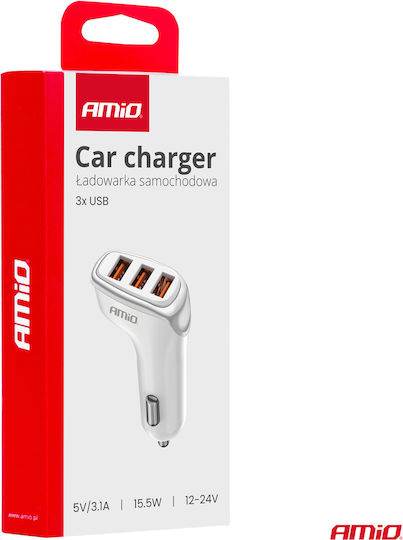 AMiO Φορτιστής Αυτοκινήτου 15.5W 3.1A με Θύρες: 3xUSB μαζί με Καλώδιο Ενσωματωμένο Λευκός