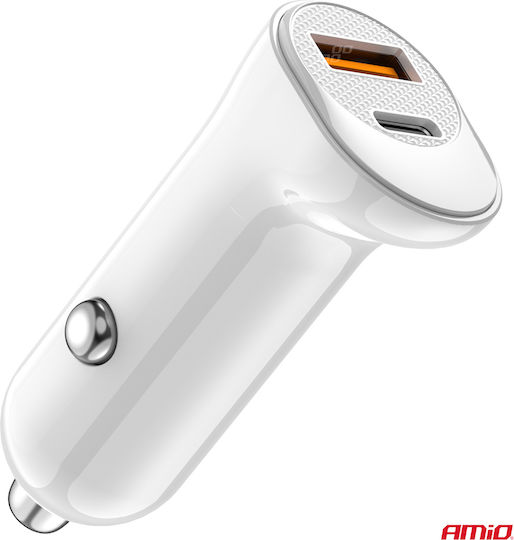 AMiO Car Charger White Fast Charging with Ports: 1xUSB 1xType-C with Cable Embedded